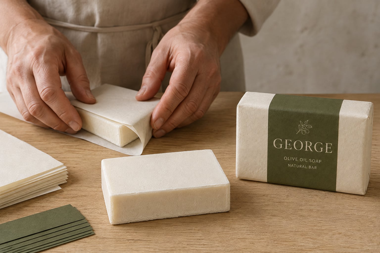 Hands wrapping a GEORGE bar in paper at a wooden workbench